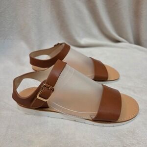 V Logo Girls Brown Faux Leather Flat Sandals Gold Buckle US 3 UK 2 EU 34